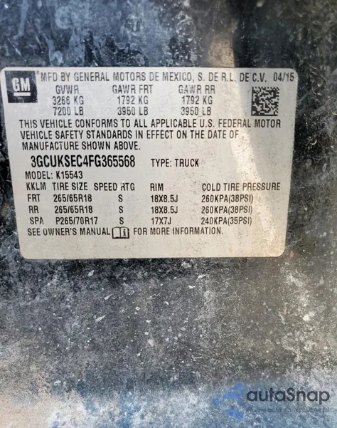 2015 Chevrolet Silverado K1500 Ltz из США, поврежденный, VIN 3GCUKSEC4FG365568